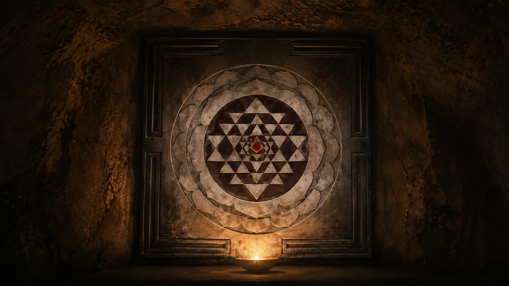 The Śrīcakra of the Cit Sabhā — nine interlocking triangles resolving into the forty-three-angled diagram.