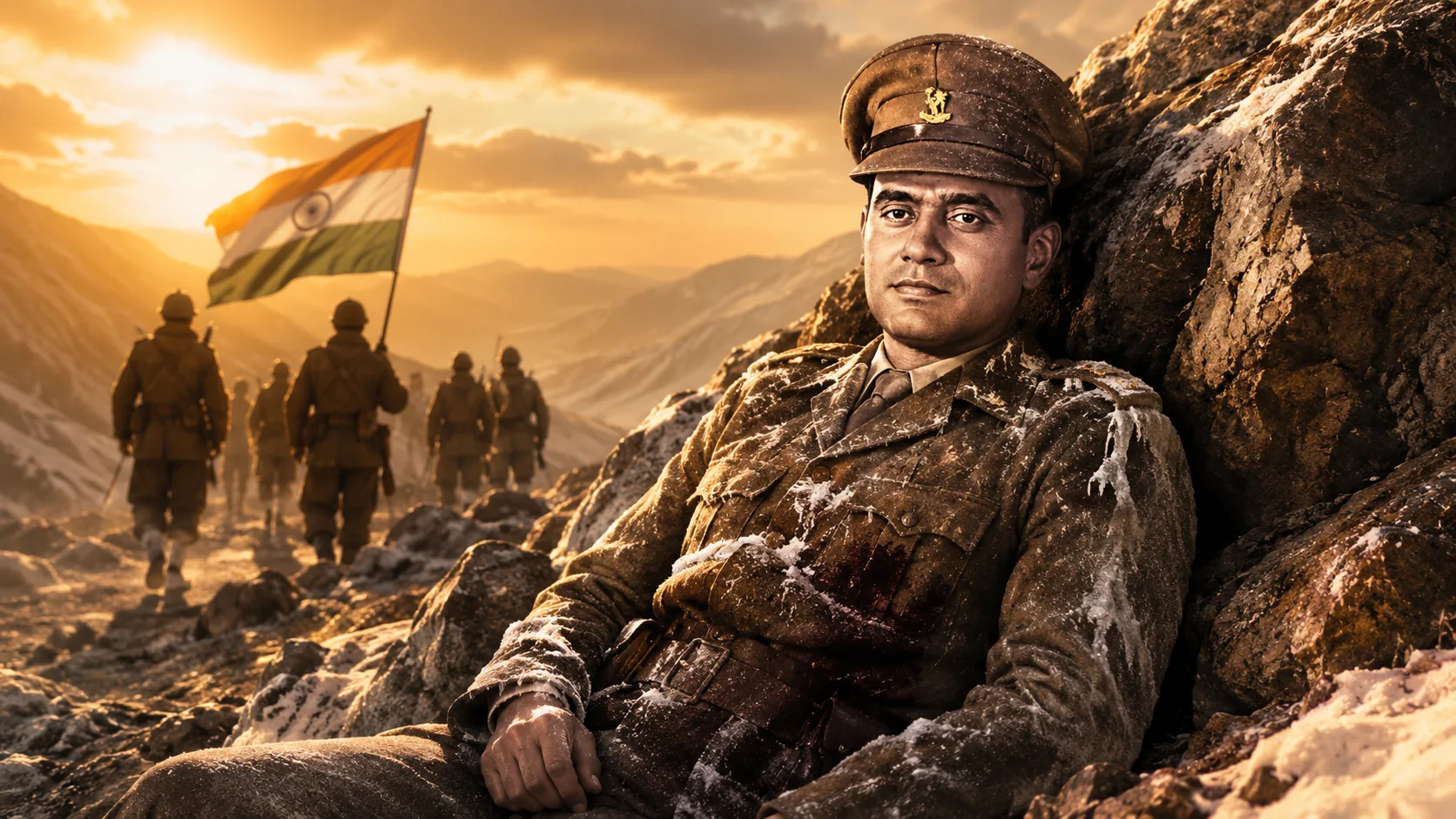 Shaitan Singh of 13 Kumaon in the high Ladakh cold — an artist's evocation of the stand at Rezang La, where Major Shaitan Singh's company fought nearly to the last man.