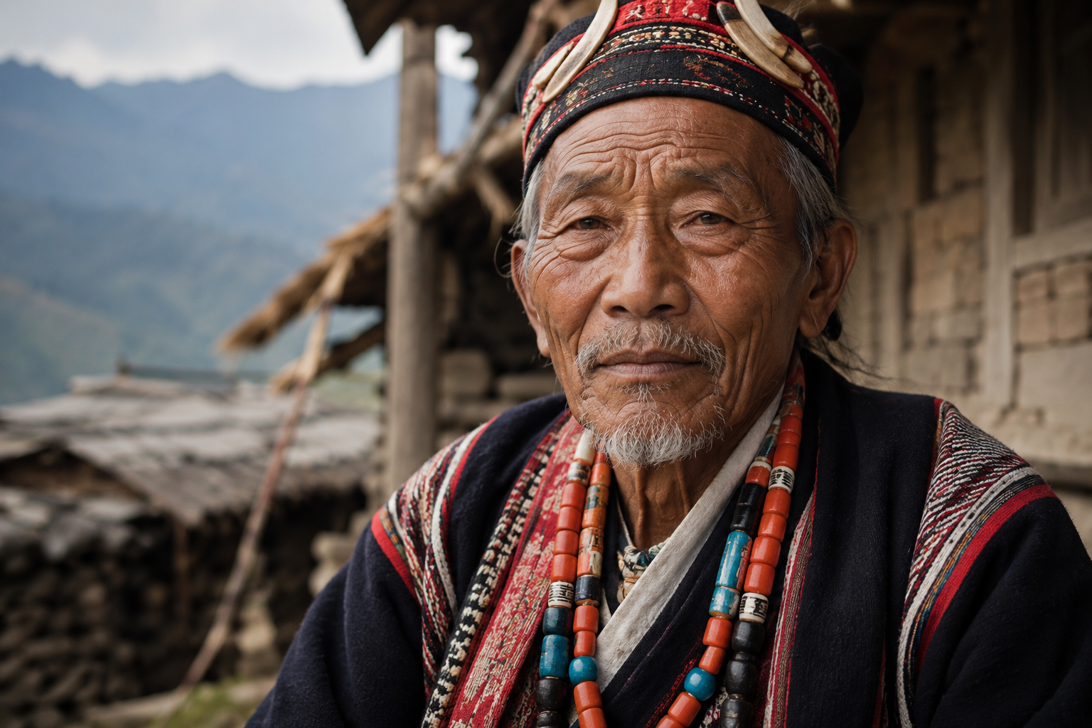 An elderly Arunachali man in traditional handwoven dress and beaded necklaces outside a hill village home