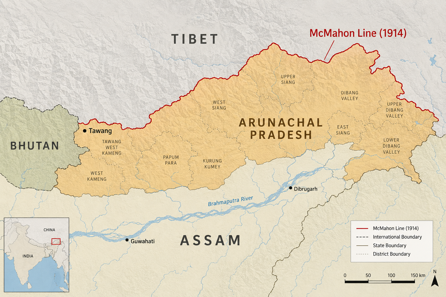 Map of Arunachal Pradesh showing the red McMahon Line of 1914 along the Tibet border, with Tawang, district boundaries, and the Brahmaputra in Assam