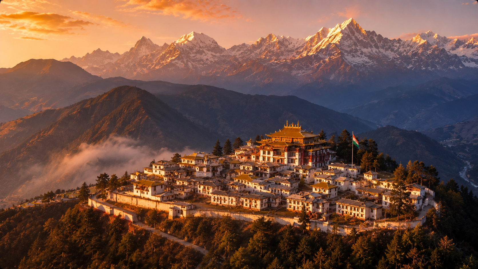 Tawang Monastery at golden-hour sunrise, a fortress-like Buddhist monastic town, the Indian flag within the complex, snow peaks behind