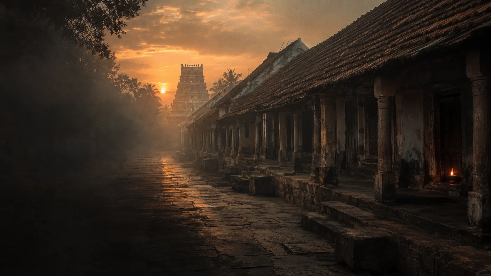 An emptied agraharam at dawn.